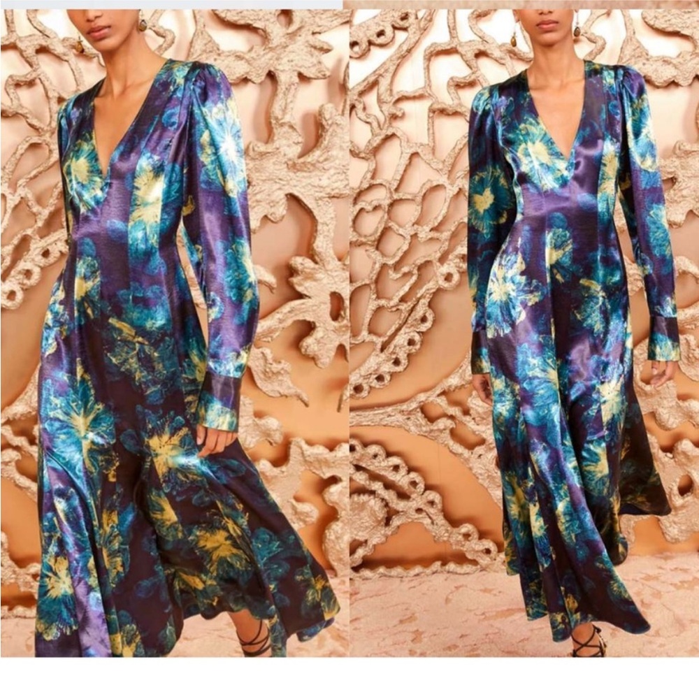 Ulla Johnson Azrou Midi Dress Lazuli Tie Dye Size 4 Long Sleeve Satin Wedding